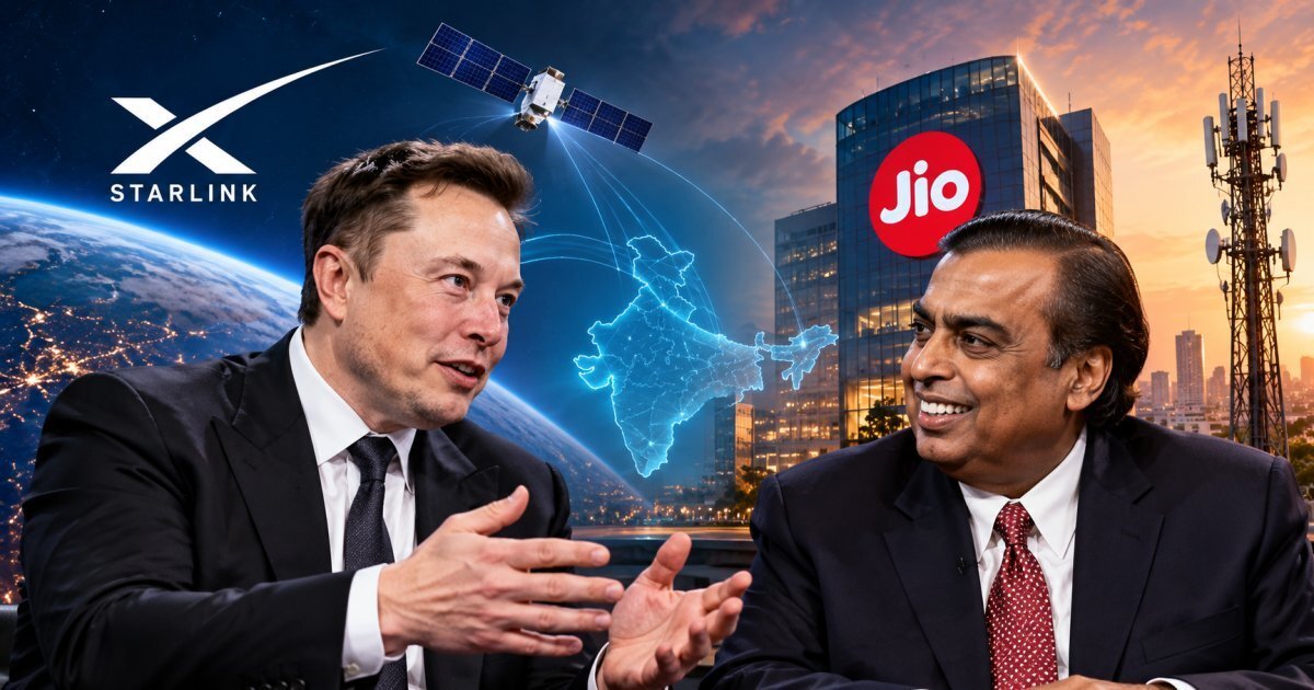 Two suited men gesture before a city skyline, with Starlink text, a satellite, and a Jio sign visible.