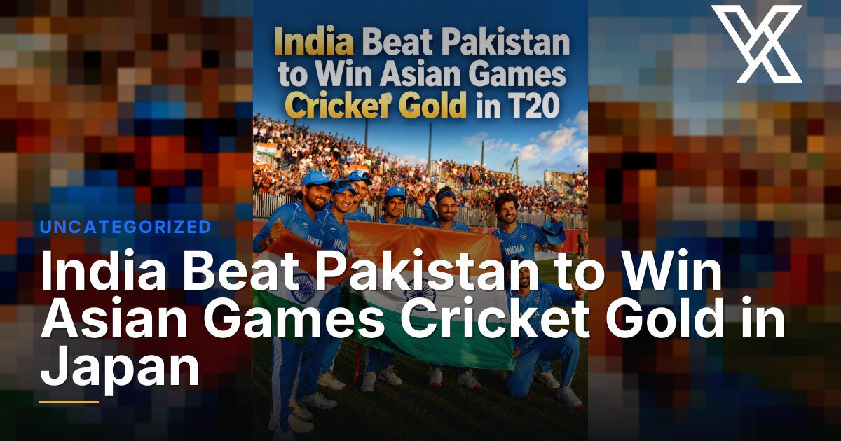 Cricket players in blue uniforms hold Indian flags on a field before a crowded stadium, beneath a headline about India.