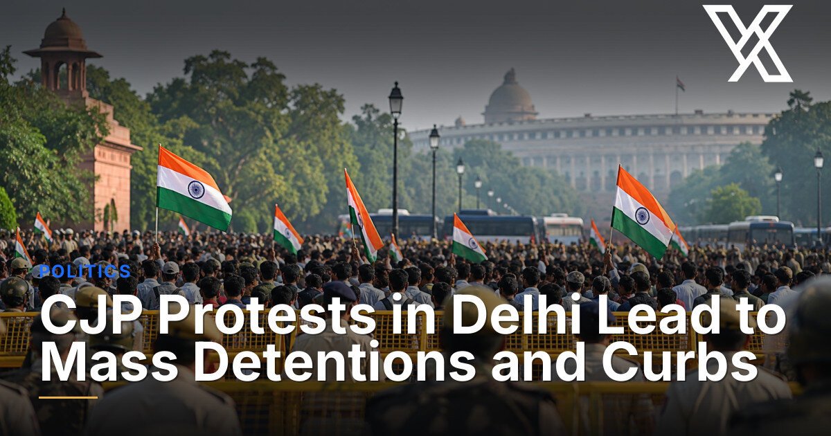 Crowd waving Indian flags behind yellow barricades, with uniformed security in the foreground and a domed building beyond.